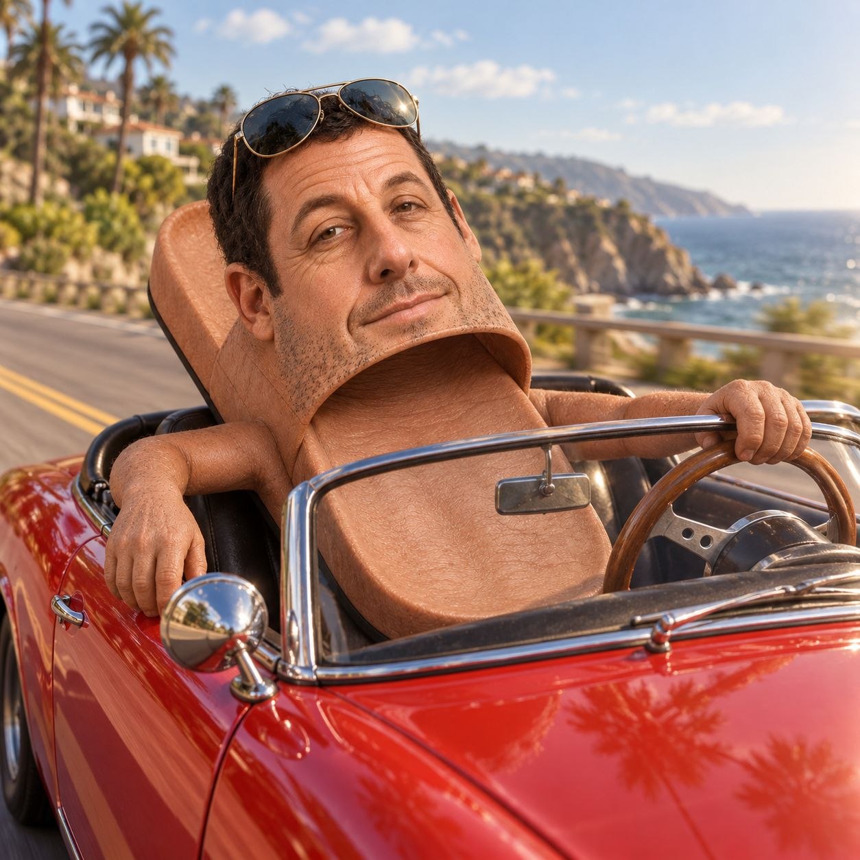 Adam Sandler slide sandal driving a red convertible along the coast with aviators on